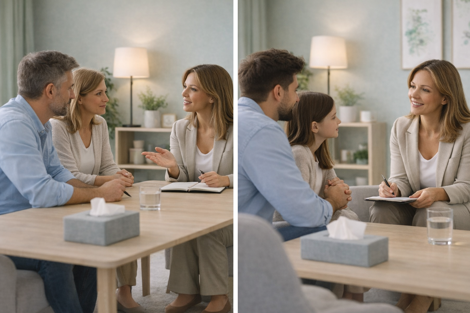 A mediator sitting with a person across a table, having a calm and supportive conversation